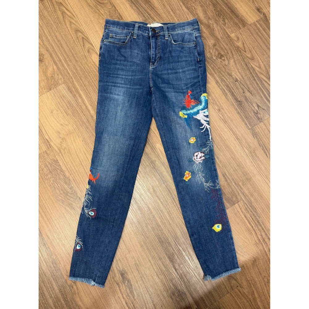 Free People Embroidered Peacock Skinny Jeans Blue Denim Raw Hem Size 27